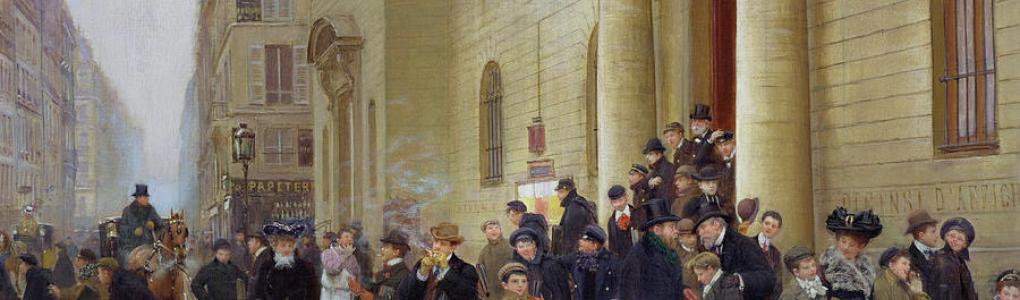 Painting by Jean Béraud of people gathered on the street outside the Lycée Condorcet