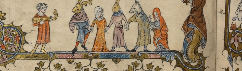 Medieval art of figures holding hands, some with animal heads.