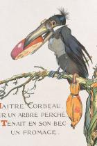 A depiction of a bird in glasses and waistcoat with a wedge of cheese in its beak and an umbrella by its foot sitting on a tree branch. The text reads: "Maitre Courbeau, sur un arbre perche. Tenait en son bec un fromage."